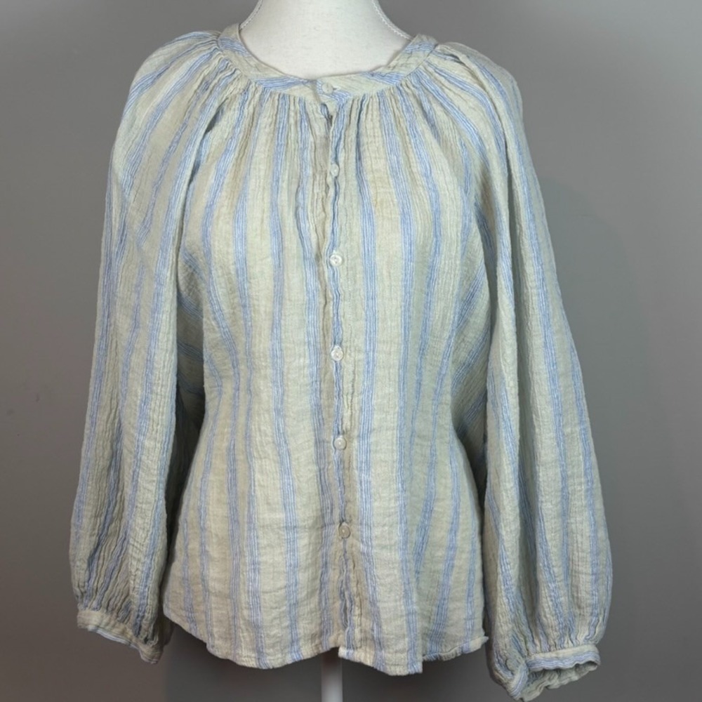 Lu-Ciee Linen‎ Crinkle Oversized Womens Blouse S/M Blue Button Summer $228 Boho